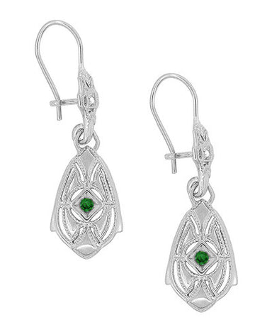 Art Deco Dangling Sterling Silver Emerald and Diamond Filigree Earrings - alternate view