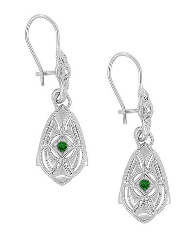 Art Deco Dangling Sterling Silver Emerald and Diamond Filigree Earrings - Item: E178WE - Image: 2
