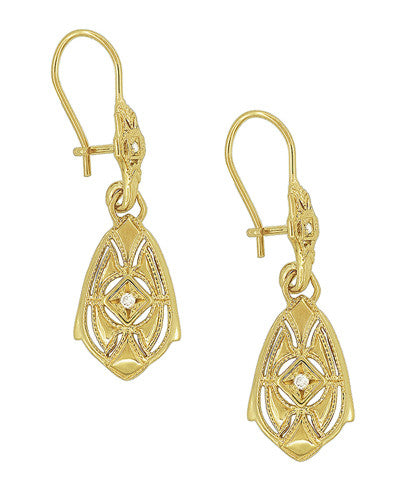 Art Deco Dangling Sterling Silver Diamond Filigree Earrings with Yellow Gold Vermeil - Item: E178YD - Image: 2