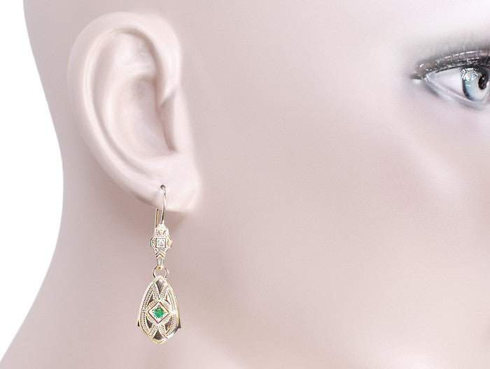 Art Deco Dangling Sterling Silver Emerald and Diamond Filigree Earrings with Yellow Gold Vermeil - Item: E178YE - Image: 3