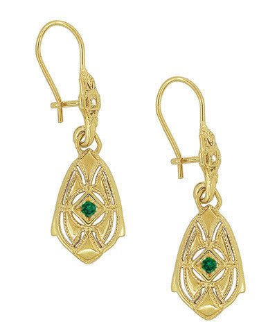 Art Deco Dangling Sterling Silver Emerald and Diamond Filigree Earrings with Yellow Gold Vermeil - Item: E178YE - Image: 2