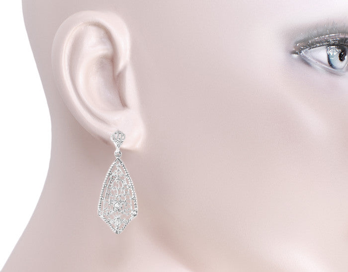 Art Deco Fan Drop Filigree Diamond Earrings in Sterling Silver - Item: E184 - Image: 3
