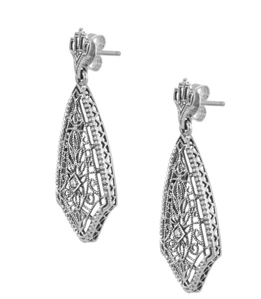 Art Deco Fan Drop Filigree Diamond Earrings in Sterling Silver - Item: E184 - Image: 2