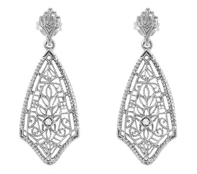 Art Deco Fan Drop Filigree Diamond Earrings in Sterling Silver