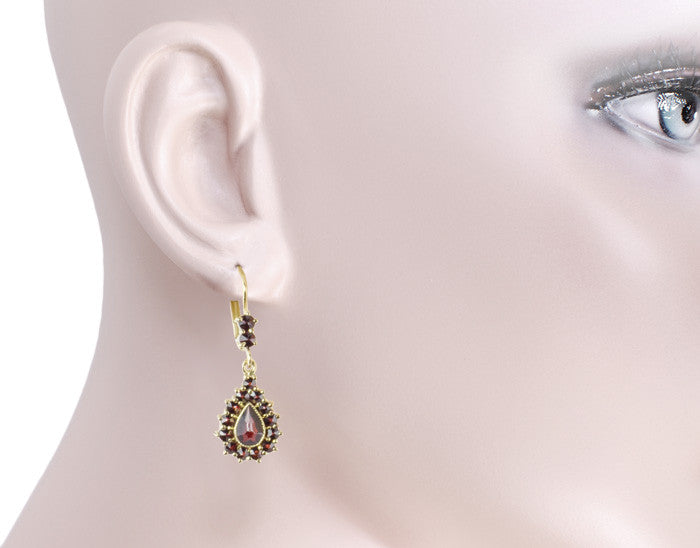 Victorian Bohemian Czech Garnet Pear Shape Teardrop Earrings in 14K Gold and Sterling Silver Vermeil - Item: E186S - Image: 3