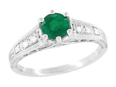 Art Deco Emerald and Diamond Filigree Engagement Ring in 14 Karat White Gold - Item: R206 - Image: 2