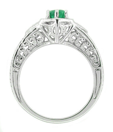 Art Deco Emerald and Diamond Filigree Engraved Engagement Ring in 14 Karat White Gold - alternate view
