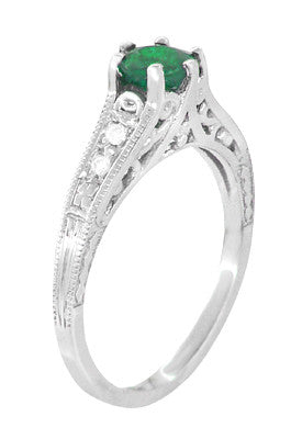 Art Deco Emerald and Diamond Filigree Engagement Ring in Platinum - Item: R206P - Image: 3