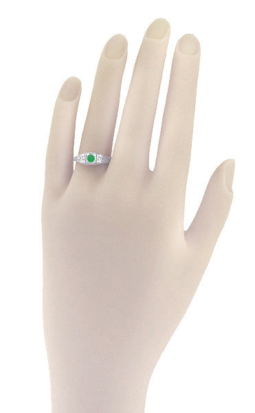 Art Deco Emerald and Diamond Low Profile Filigree Engagement Ring in 14 Karat White Gold - Item: R312 - Image: 3
