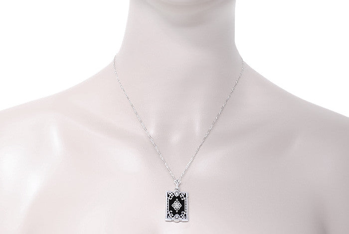 Art Deco Filigree Black Onyx and Diamond Pendant Necklace in Sterling Silver - Item: N104 - Image: 3