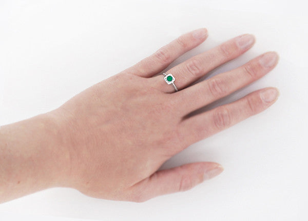 Art Deco Emerald Scrolls Engraved Filigree Engagement Ring in 14 Karat White Gold - Item: R183 - Image: 3