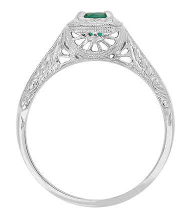 Art Deco Emerald Scrolls Engraved Filigree Engagement Ring in 14 Karat White Gold - alternate view