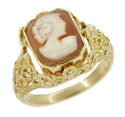 Filigree Flip Ring with Carnelian Shell Cameo and Onyx in 14 Karat Gold