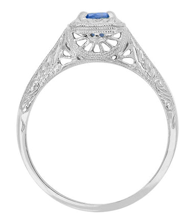 Filigree Scrolls Engraved Art Deco Blue Sapphire Engagement Ring in 14 Karat White Gold - alternate view