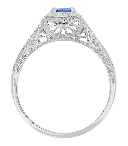 Filigree Scrolls Engraved Art Deco Blue Sapphire Engagement Ring in 14 Karat White Gold - Item: R184 - Image: 2