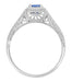 Filigree Scrolls Engraved Art Deco Blue Sapphire Engagement Ring in 14 Karat White Gold