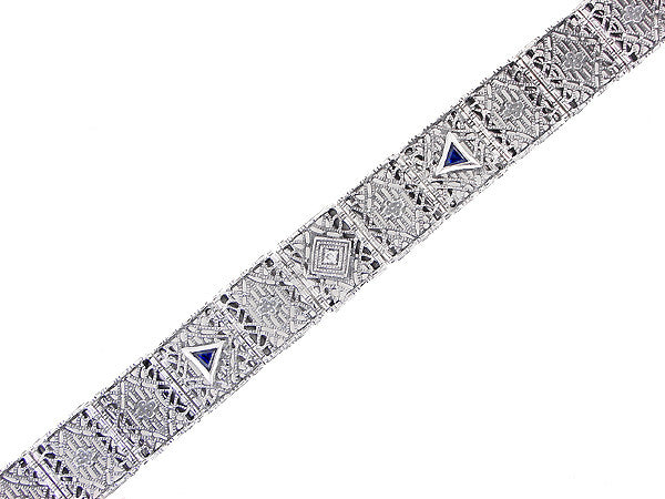 Art Deco Filigree Diamond and Sapphire Bracelet in 14 Karat White Gold - Item: GBR126 - Image: 3