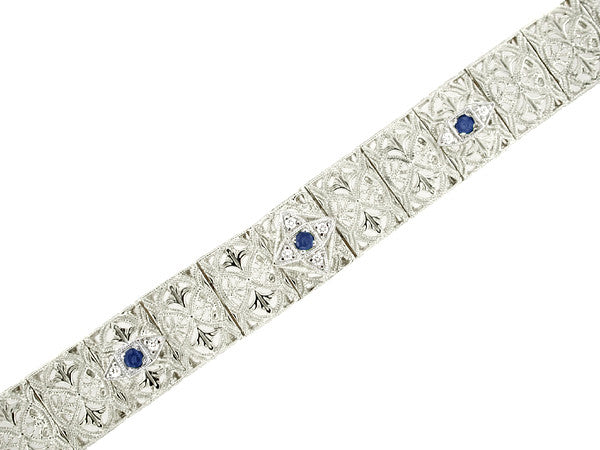 Art Deco Filigree Sapphire and Diamond Set Bracelet in 14 Karat White Gold - Item: GBR127 - Image: 2