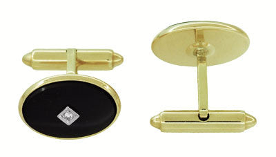 Mid-Century Oval Onyx and Diamond Vintage Cufflinks in 14 Karat Yellow Gold - Item: GCL164 - Image: 2