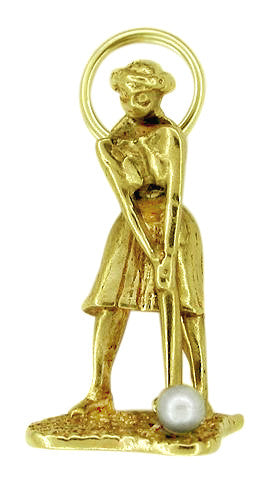 Lady Golfer Moveable Charm in 14 Karat Gold With Pearl - Vintage 1950's Pendant Design - Item: C140 - Image: 2
