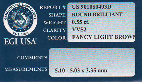 0.55 Carat Pale Apricot Color Natural Loose Fancy Light Brown Diamond | Round Brilliant VVS2 Clarity - Item: D262 - Image: 3