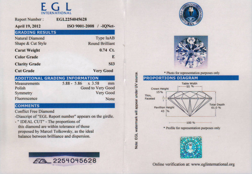 Loose Ideal Cut 0.74 Carat Round Brilliant Cut Diamond E Color SI3 Clarity with EGL Report - Item: D579 - Image: 2