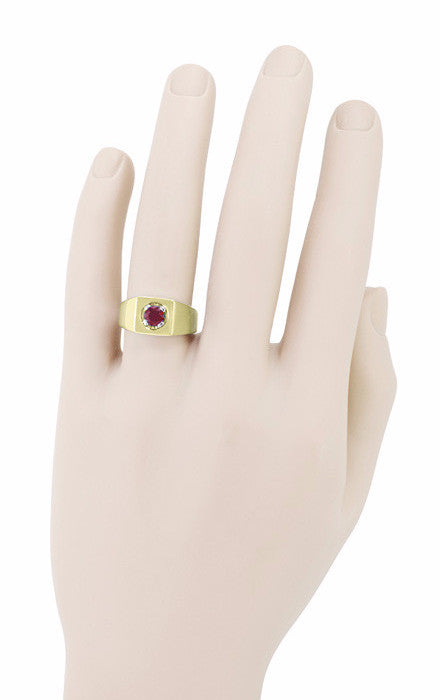 Man's Hand with a Yellow Gold 1950's Vintage 1 Carat Red Ruby Ring - MR102R