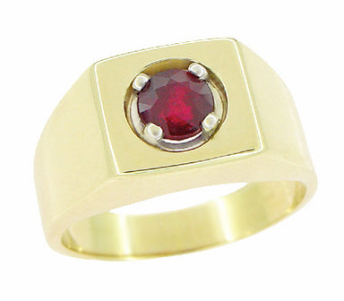Yellow Gold 1950's Retro Design Vintage 1 Carat Natural Ruby Ring for a Man with a Square Top Design - MR102R