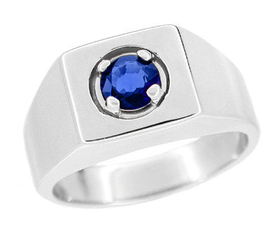 1950's Vintage Natural 1 Carat Blue Sapphire Ring for a Man in White Gold - MR102W