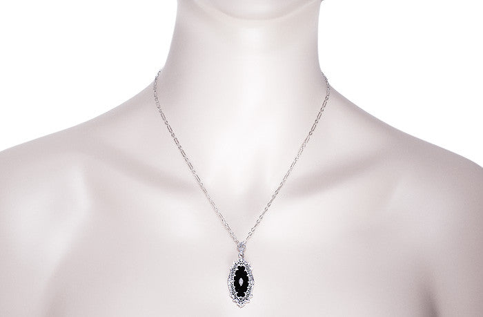 Art Deco Onyx and Diamond Filigree Pendant Necklace in Sterling Silver - Item: N105oN - Image: 3