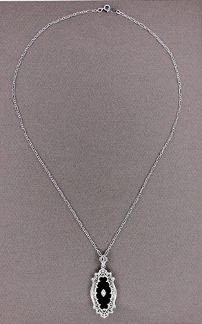 Art Deco Onyx and Diamond Filigree Pendant Necklace in Sterling Silver - Item: N105oN - Image: 2
