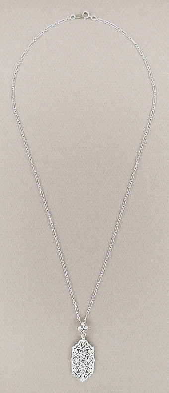 Art Deco Sapphire Filigree Pendant Necklace in 14 Karat White Gold - alternate view