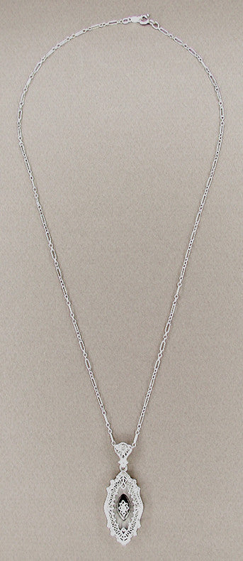 Art Deco Onyx and Crystal Diamond Set Filigree Pendant Necklace in 14 Karat White Gold - Item: N119WG - Image: 2