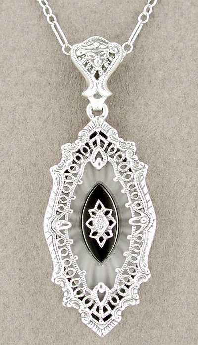 Art Deco Onyx and Crystal Diamond Set Filigree Pendant Necklace in 14 Karat White Gold