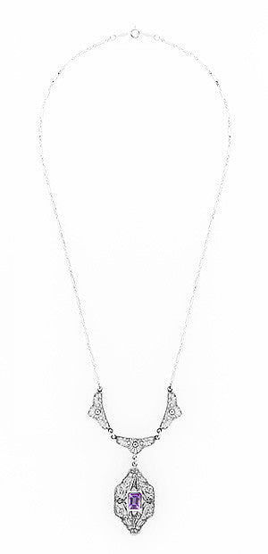 Art Deco Vintage Filigree Amethyst Dangle Drop Pendant Necklace in Sterling Silver - alternate view