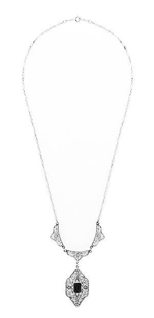 Art Deco Filigree Black Onyx Drop Pendant Necklace in Sterling Silver - Item: N124on - Image: 2