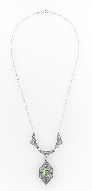 Art Deco Filigree Peridot Dangle Drop Pendant Necklace in Sterling Silver - alternate view