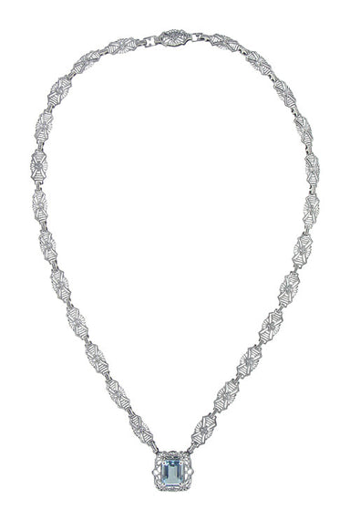 Art Deco Filigree Blue Topaz Drop Pendant Necklace in Sterling Silver - alternate view