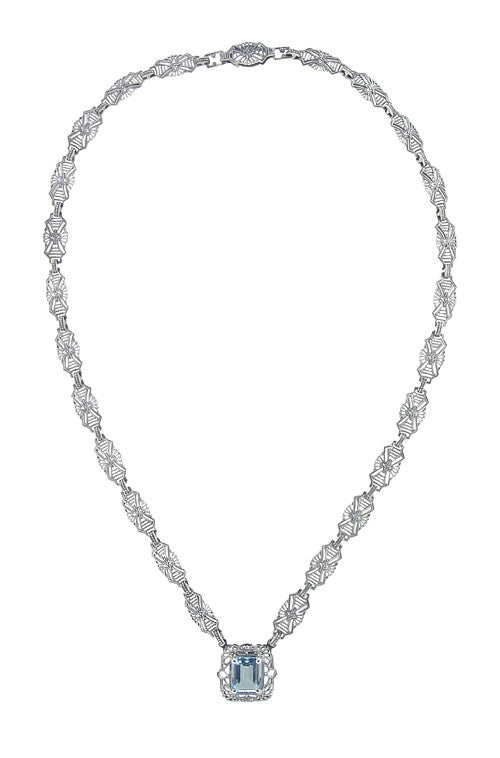 Art Deco Filigree Blue Topaz Drop Pendant Necklace in Sterling Silver - Item: N135 - Image: 2