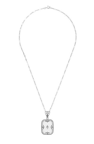 Art Deco Filigree Fleur de Lis Camphor Crystal and Diamond Pendant Necklace in Sterling Silver - Item: N137C - Image: 3