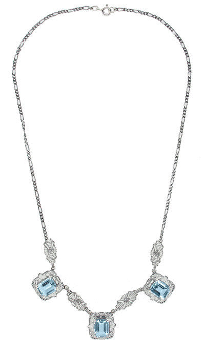Art Deco Filigree Blue Topaz 3 Drop Necklace in Sterling Silver - Item: N140 - Image: 2