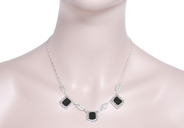 Art Deco Filigree Black Onyx 3 Drop Necklace in Sterling Silver - Item: N140on - Image: 3