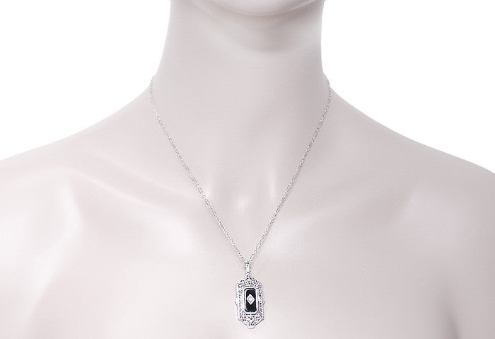 Art Deco Filigree Flip Pendant Necklace in Sterling Silver with Lady Cameo Onyx and Diamonds - Item: N141D - Image: 3