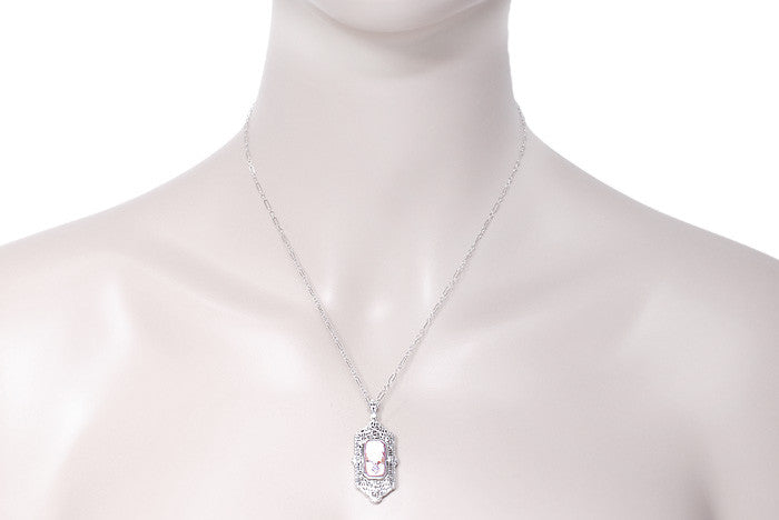 Art Deco Filigree Flip Pendant Necklace in Sterling Silver with Lady Cameo Onyx and Diamonds - Item: N141D - Image: 4