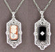 Art Deco Filigree Flip Pendant Necklace in Sterling Silver with Lady Cameo Onyx and Diamonds