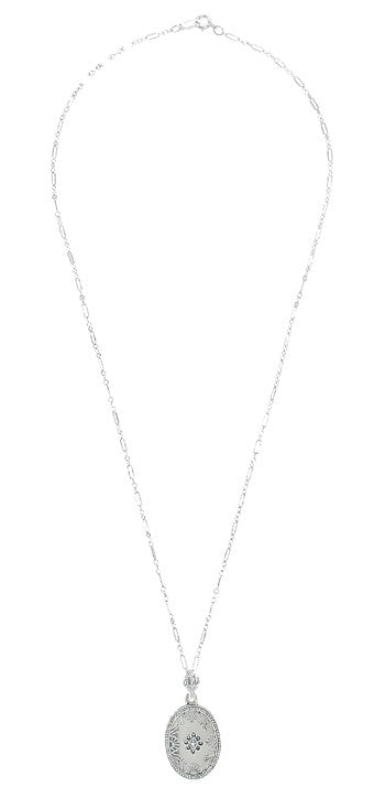 Art Deco Filigree Camphor Crystal and Diamond Oval Pendant Necklace in Sterling Silver - Item: N142 - Image: 3