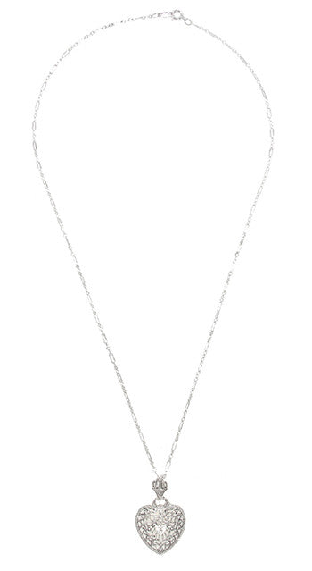 14 Karat White Gold Heart of Love Art Deco Filigree Diamond Pendant Necklace - alternate view