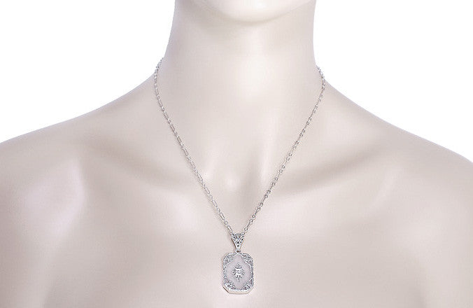 Art Deco Filigree Scrolls Starburst Crystal and Diamond Pendant Necklace in 14 Karat White Gold - Item: N144WGCR - Image: 3