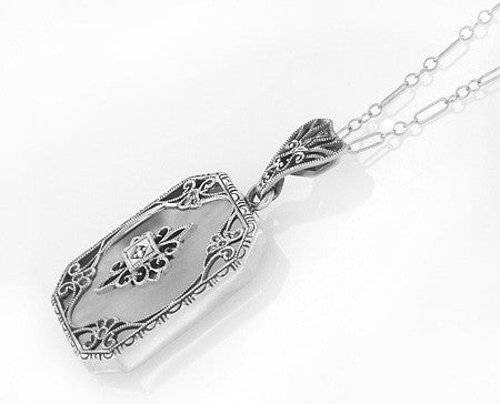 Art Deco Filigree Scrolls Starburst Crystal and Diamond Pendant Necklace in 14 Karat White Gold - Item: N144WGCR - Image: 2