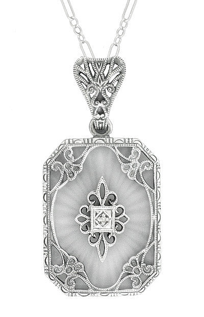 Art Deco Filigree Scrolls Starburst Crystal and Diamond Pendant Necklace in 14 Karat White Gold